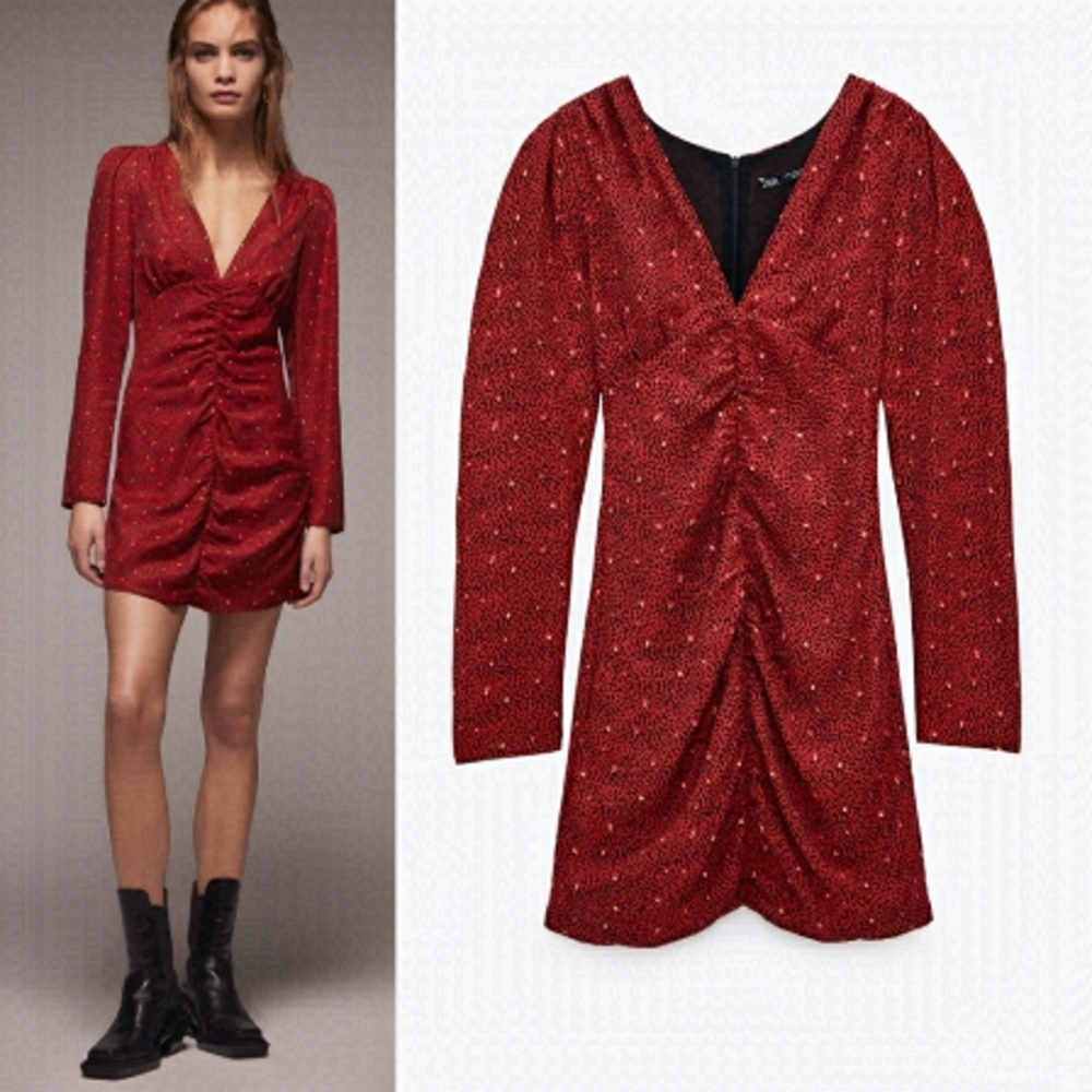 Zara red animal print spotted shirred ruched dress small